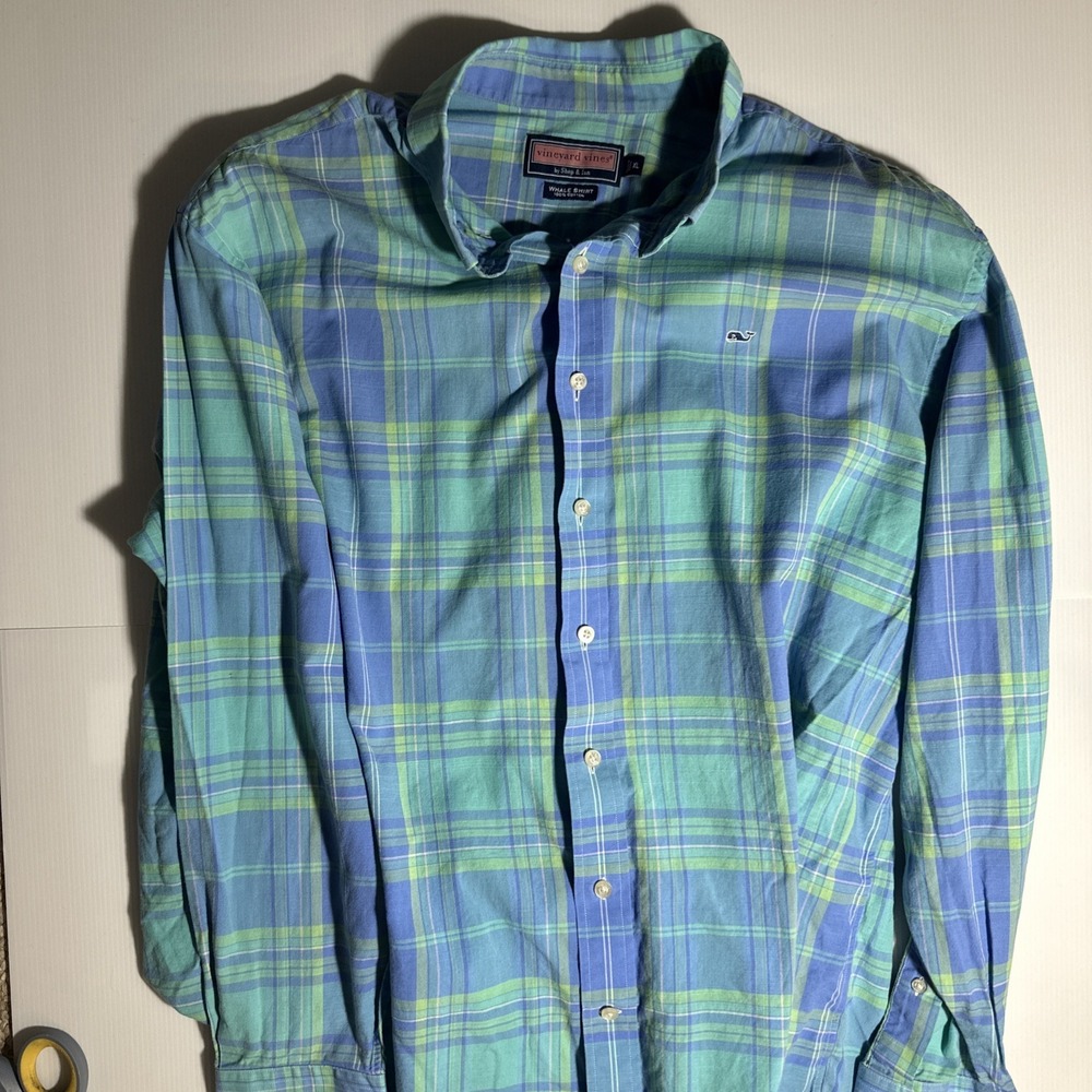 Vineyard Vines XL Button Down Mens Blue Green Plaid Slim Fit Tucker Whale Shirt